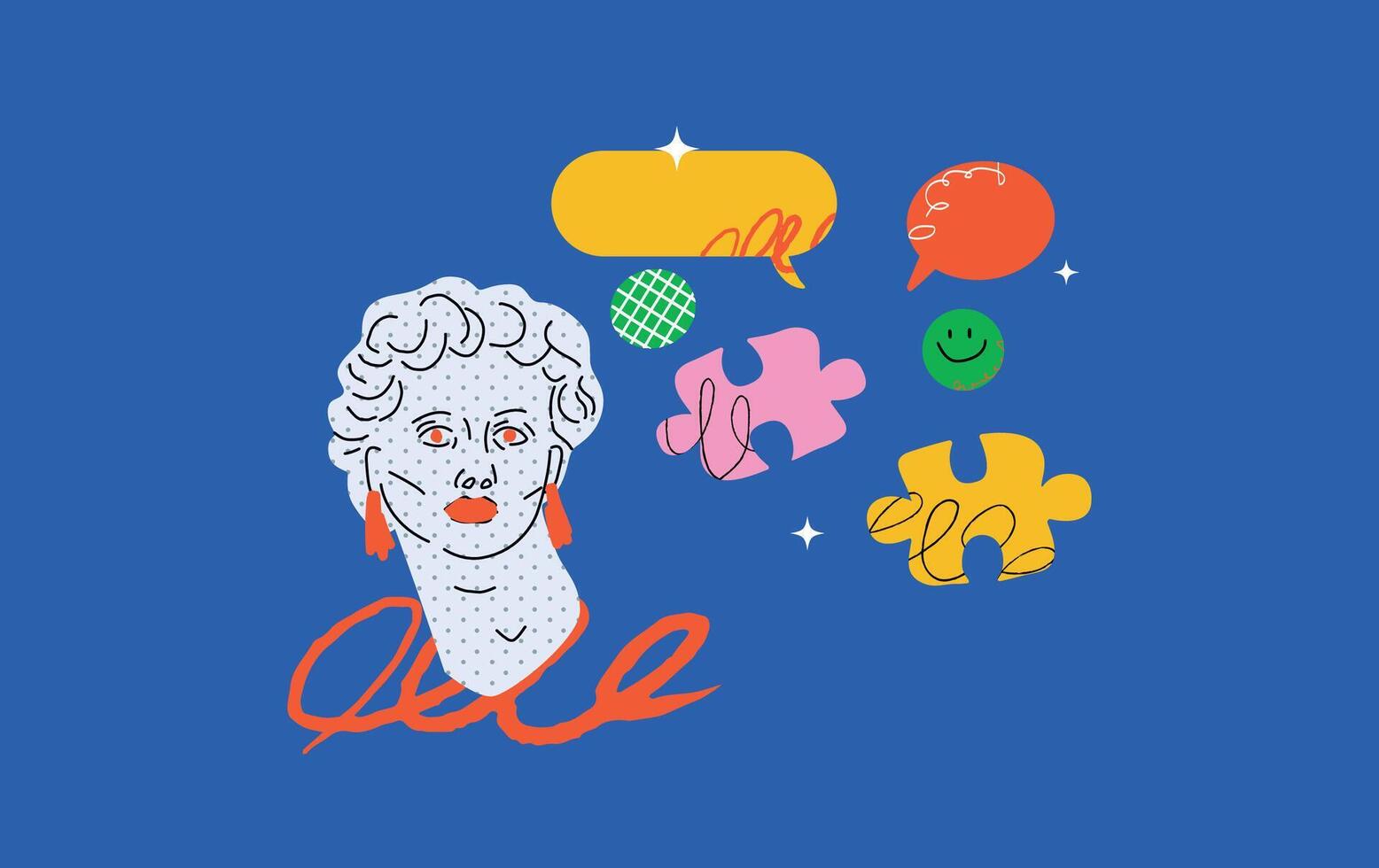 A bold illustration with a Greek goddess with doodles on it, surrounded by colorful speech bubbles and puzzle pieces. A metaphor for creativity, inspiration, and uniqueness. vector