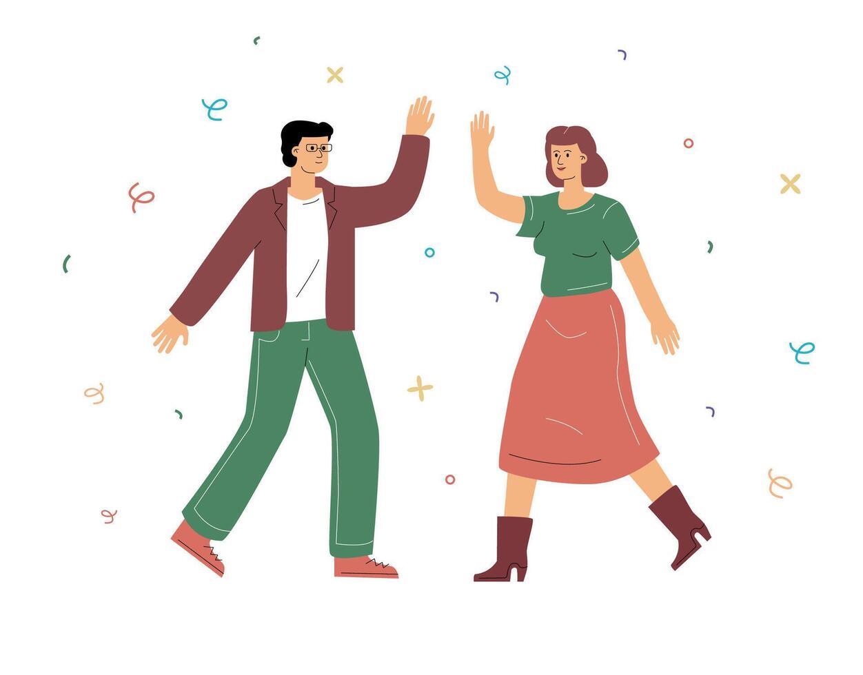An illustration in soft colors, in which two people give each other a high five. A symbol of partnership, connection, happiness and a moment of unity. vector