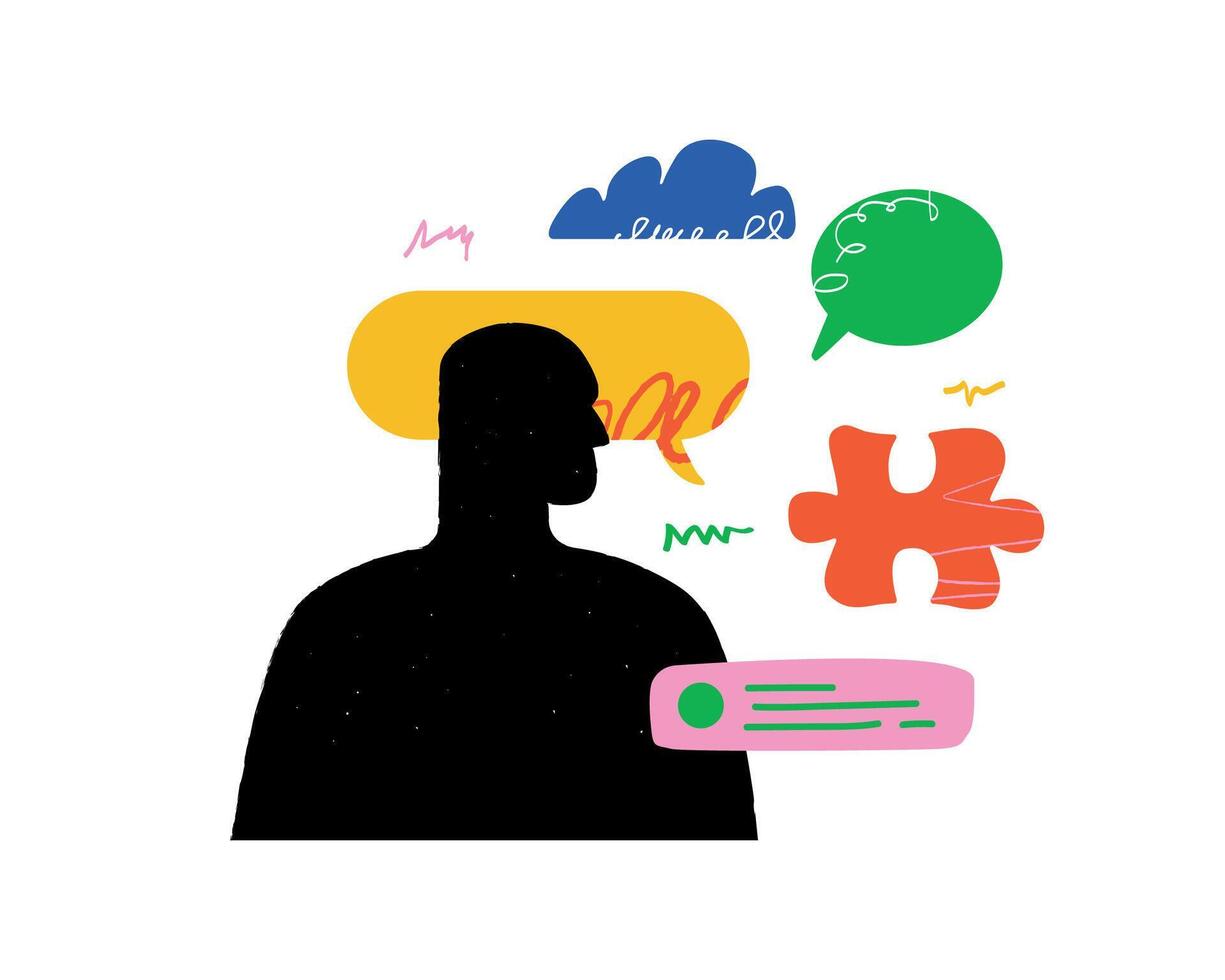 A vivid illustration with an abstract silhouette of a human surrounded by colorful speech bubbles and puzzle pieces. A symbol of invention, mental strength, and creativity. vector