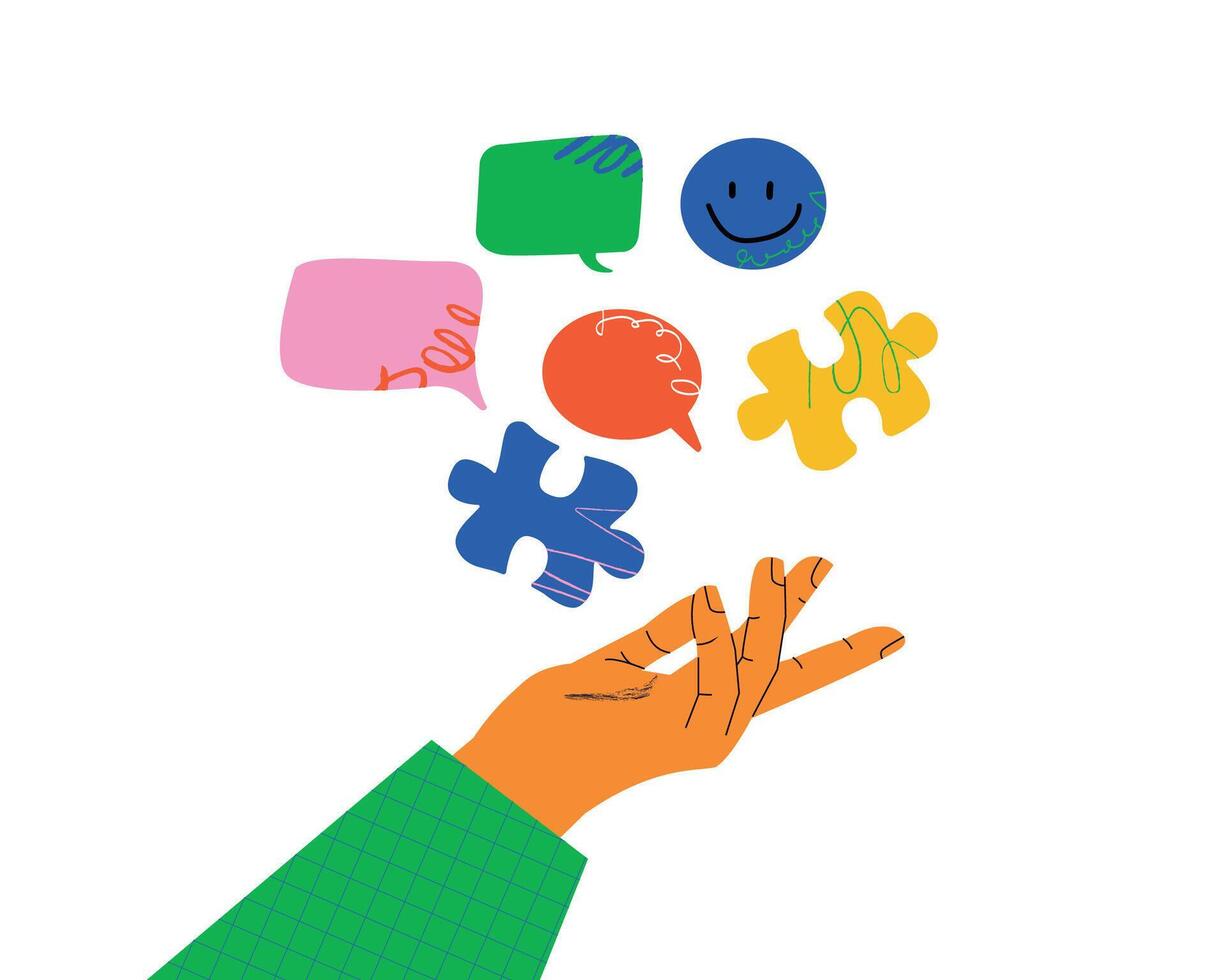 A minimalistic illustration with a hand holding colorful puzzle pieces, a metaphor for the search for ideas, solutions, brainstorming. vector