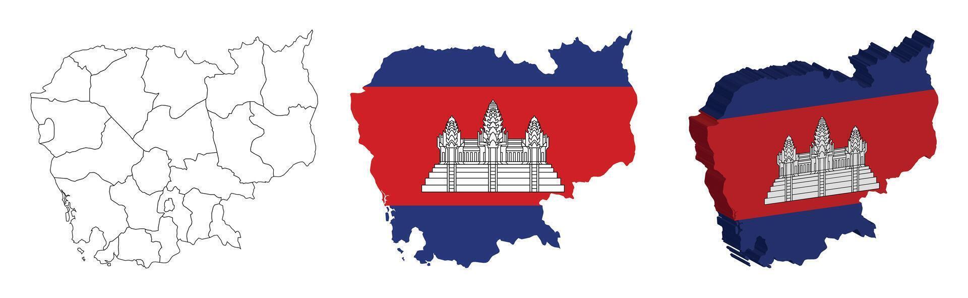 Cambodia outline, fill with flag and 3d map vector