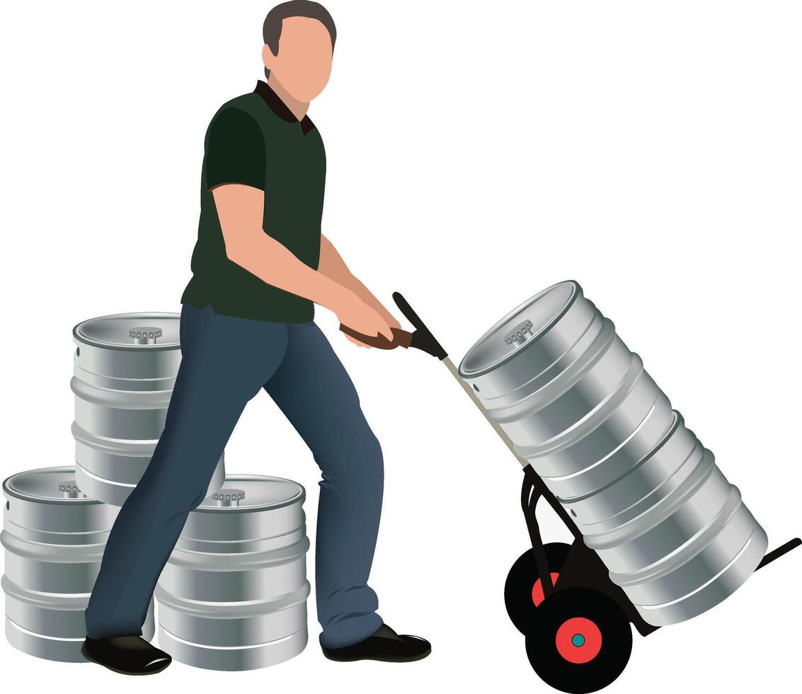A man pushing a hand truck with a stack of beer kegs vector