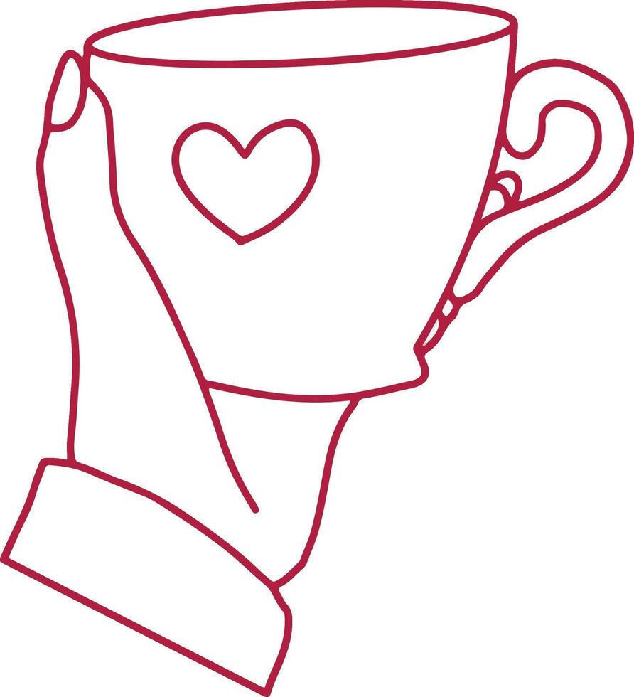 Outline illustration of hands holding cup with the heart. Love, romantic, st valentine,s day symbol. vector