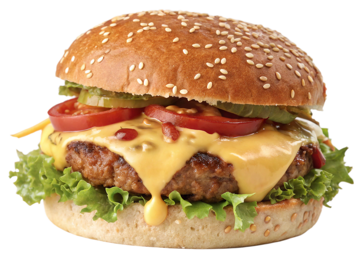 A mouthwatering cheeseburger, showcasing melted cheese dripping down the patty. png