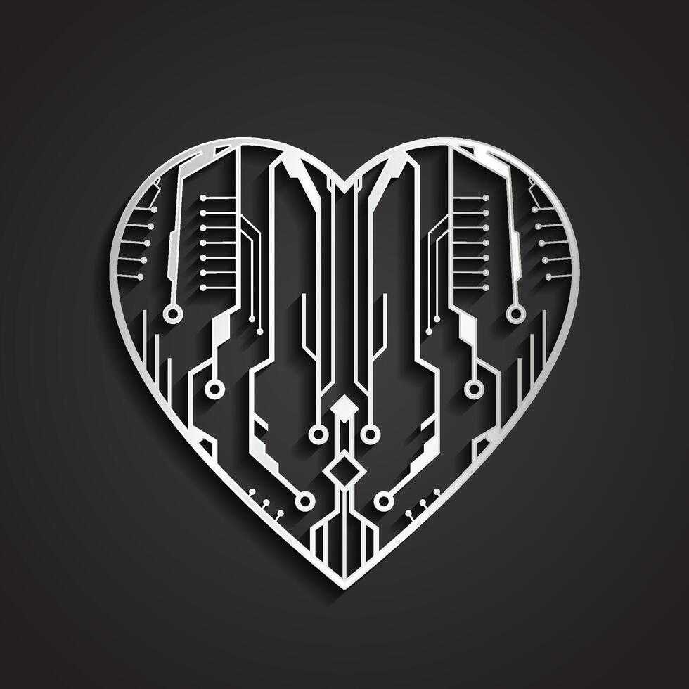 3d circuit board heart silver symbol vector
