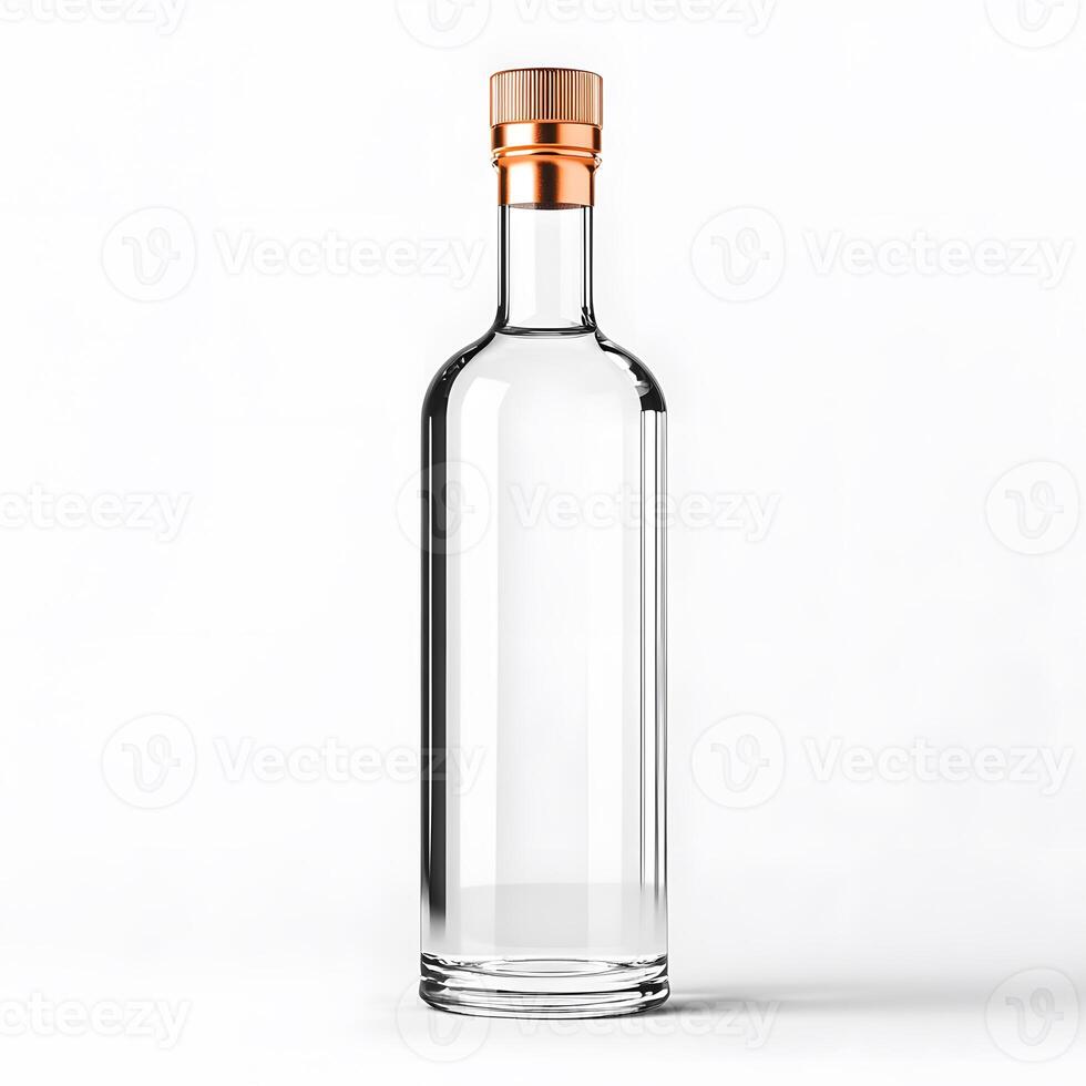 Mockup of a glass bottle for vodka or spirits.Clear glass bottle with a copper cap standing upright on a white surface photo