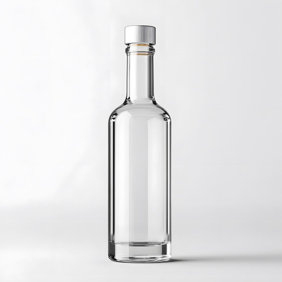 Mockup of a glass bottle for vodka or spirits. Clear glass bottle standing upright on a plain surface with a minimalist design against soft lighting background photo