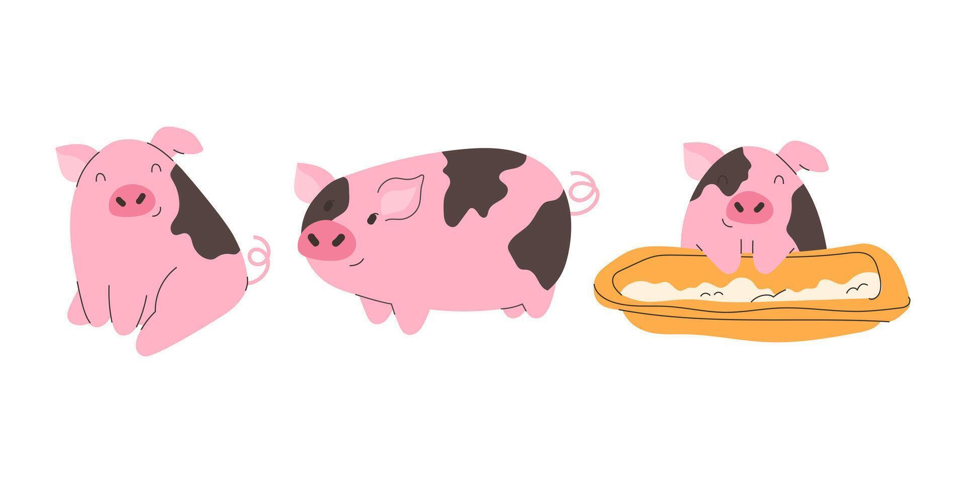 3 playful cartoon pink piggies in flat style on white background vector