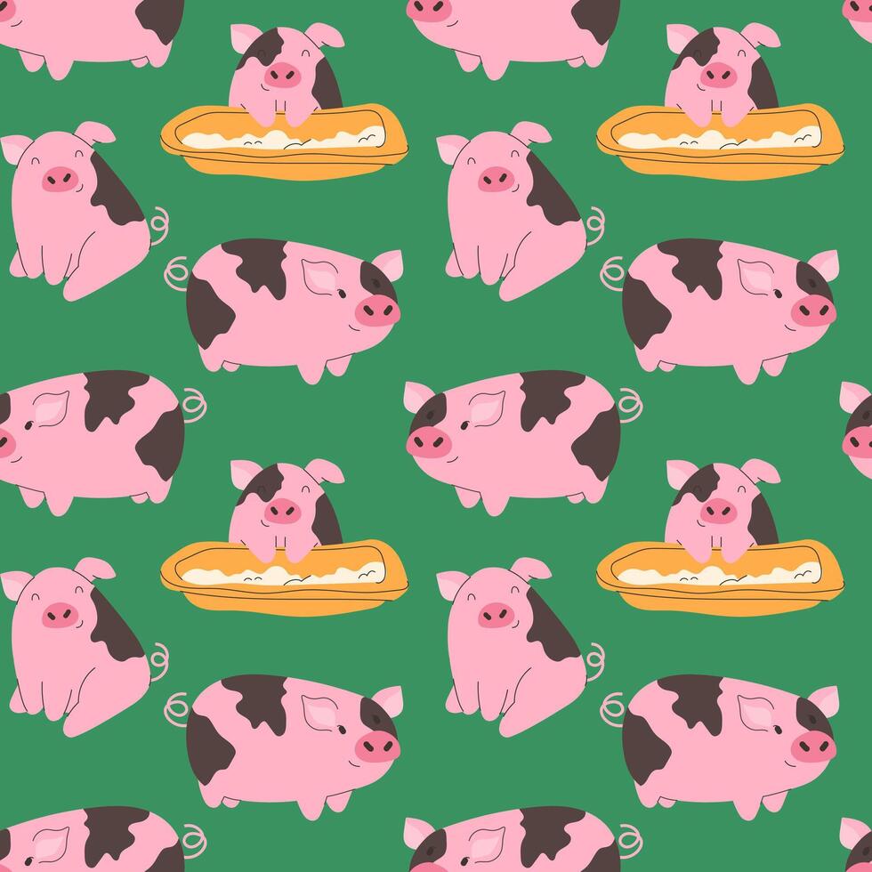 Playful cartoon pink piggies seamless pattern on green background vector
