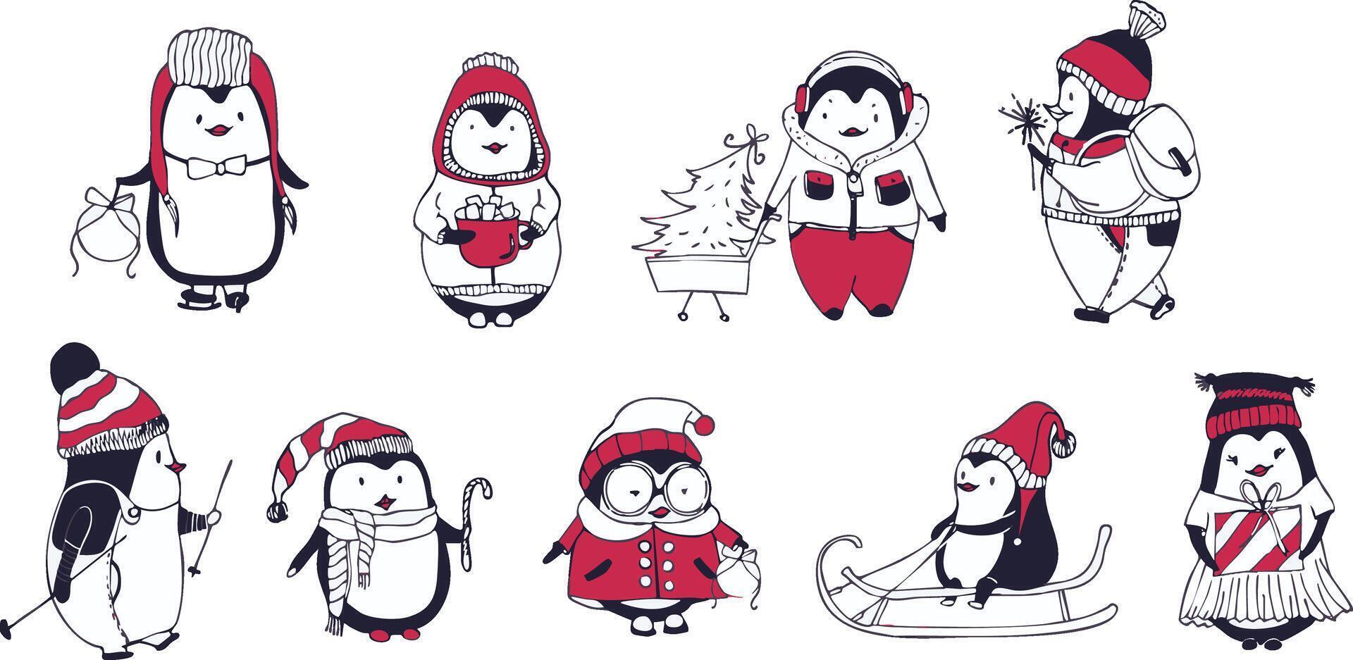 set of penguins in winter clothes vector