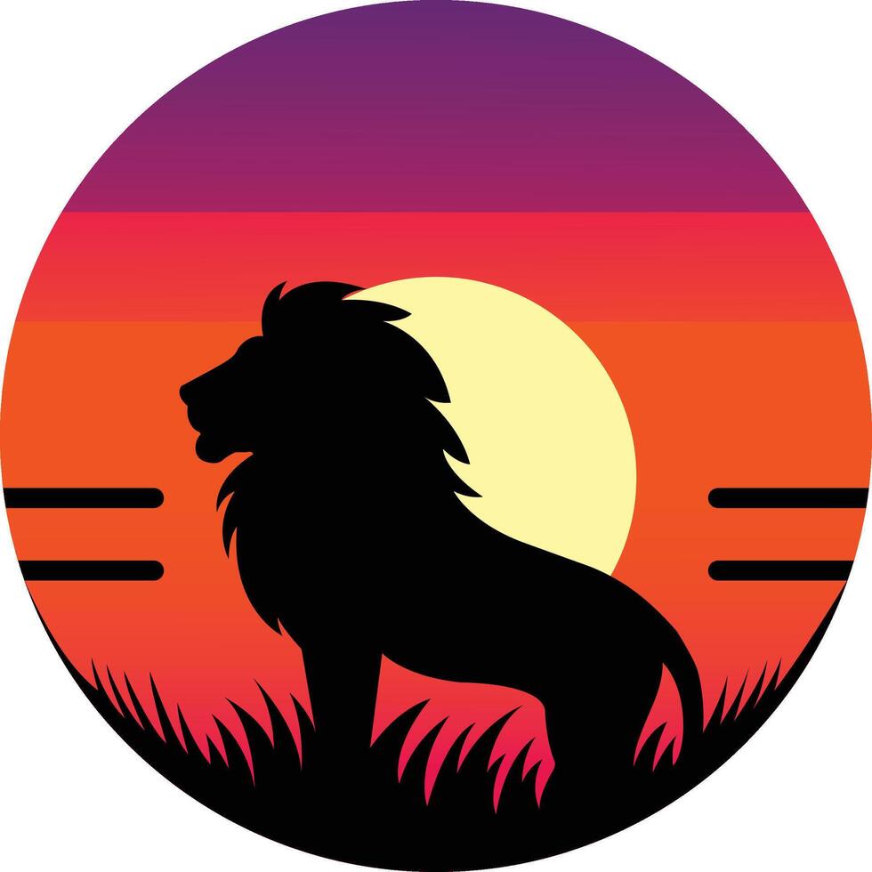 Minimalist Lion Silhouette at Sunset in Circular Frame vector