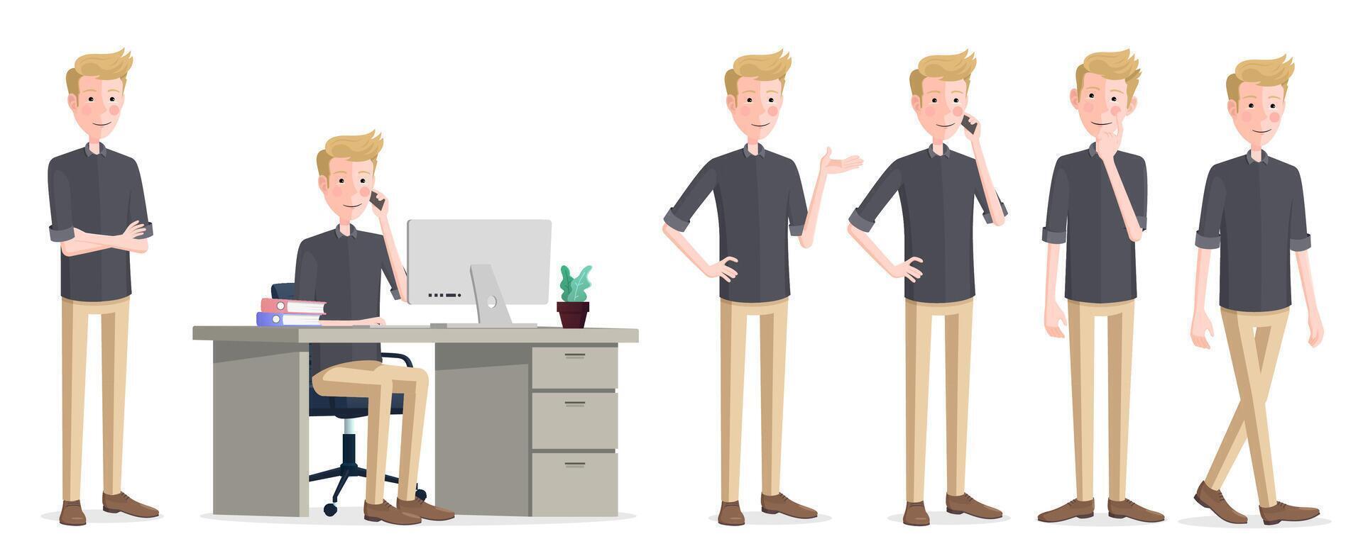 Cartoon Businessman Character in different poses, Sitting on Office Chair, Arms Folded, Thinking, Showing, Walking vector