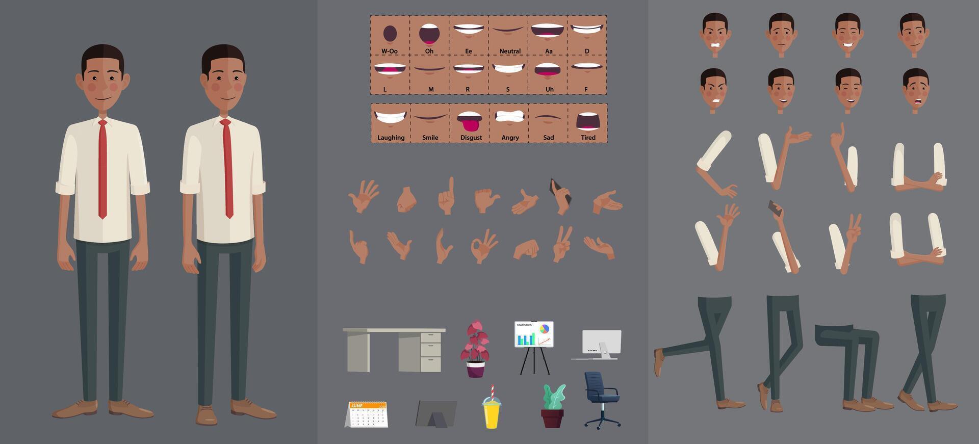 Stylized Black Businessman Character Creation Set, Cartoon African-American Man with Movable Joints for easy rigging and Animation, Lip-sync, Hand Gestures, Emotions and Poses, Premium vector