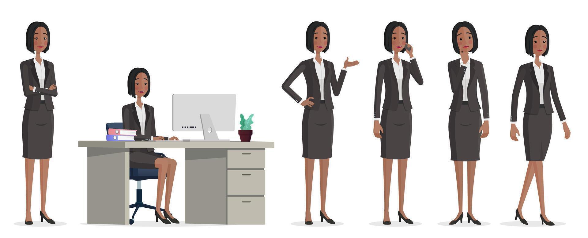 Black Businesswoman Character in different poses, Sitting on Office Chair, Arms Folded, Thinking, Showing, Walking Illustration vector