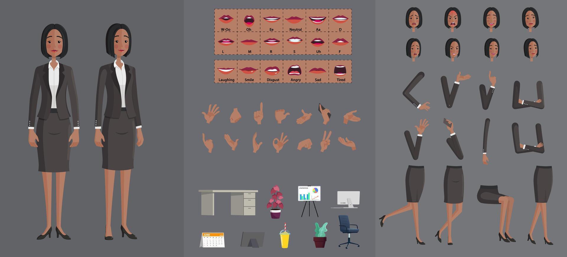 Stylized Black Businesswoman Character Creation Set, Cartoon African-American woman Wearing Black Suit with Movable Joints for rigging and Animation, Lip-sync, Hand Gestures, Emotions and Poses vector