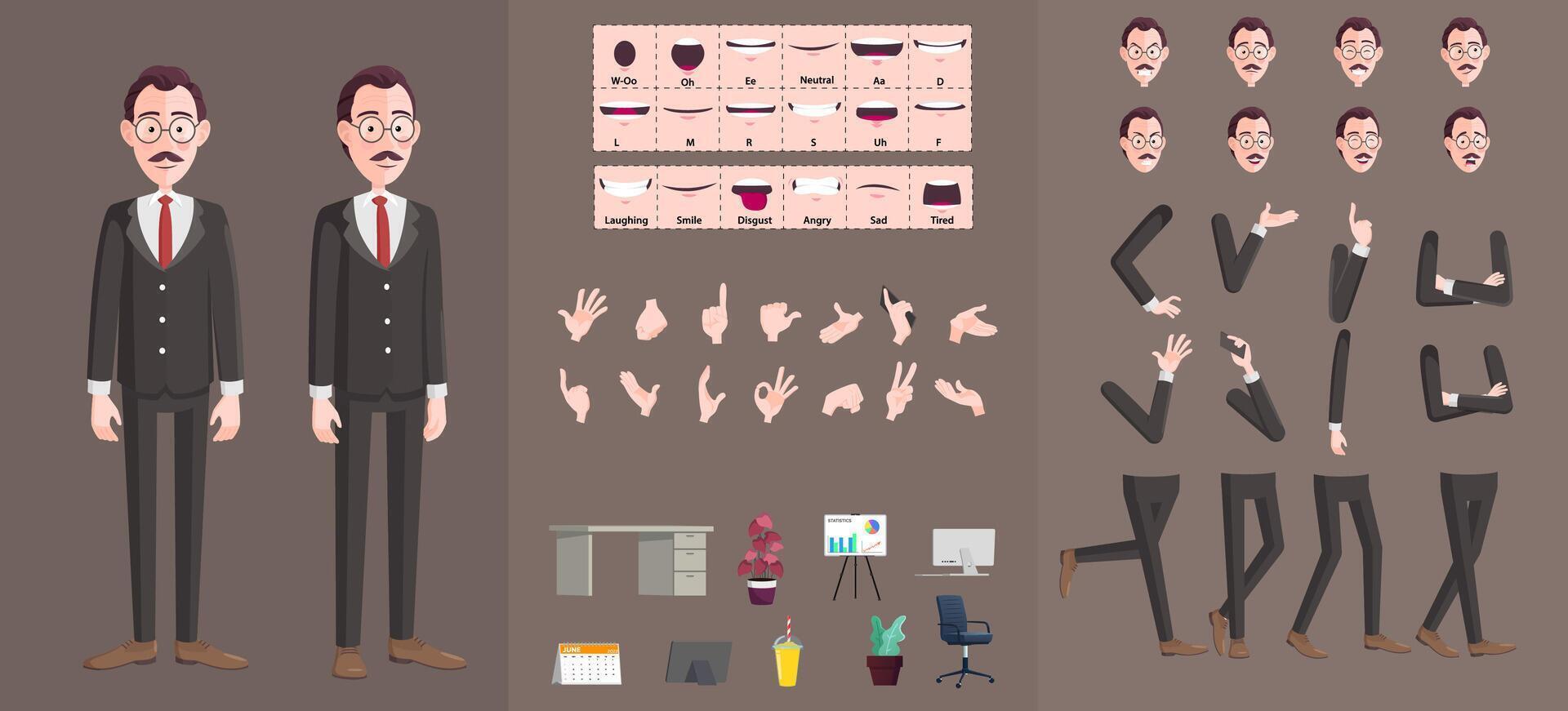 Stylized Businessman Character Creation Set, Cartoon Man wearing Suit with Movable Joints for easy rigging and Animation, Lip-sync, Hand Gestures, Emotions and Poses, Premium vector