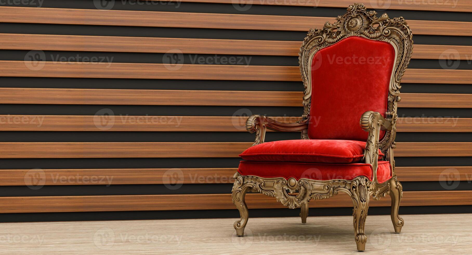 3D render of red and gold armchair on a wooden background photo