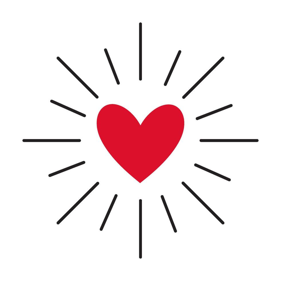 Sparkling red heart with rays doodle style Hand drawn trendy flat style love isolated icon Romantic symbol of love for graphic design poster tattoo Valentines Day card line art vector