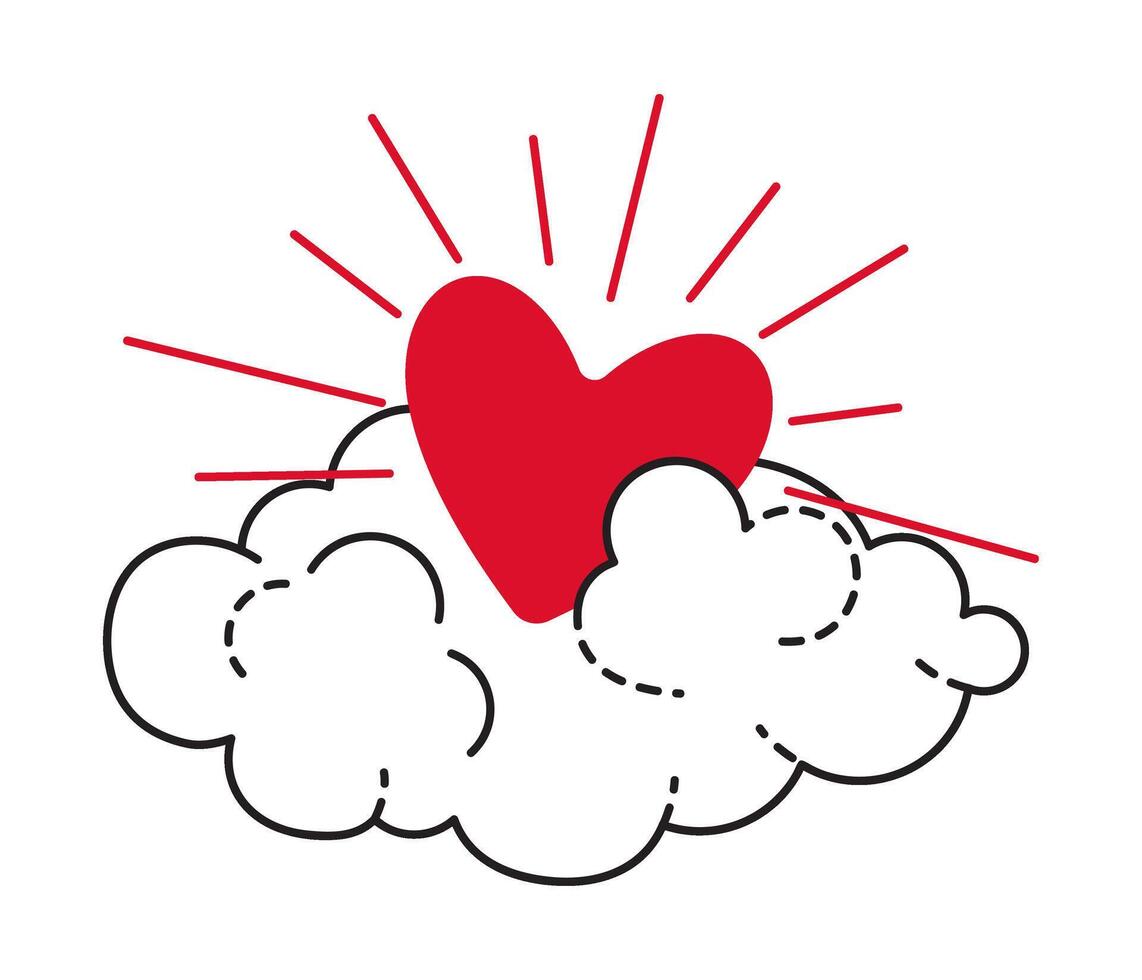 Sparkling heart with rays on cloud doodle style Hand drawn flat style love isolated icon Romantic symbol of love for graphic design poster tattoo Valentines Day card line art illustration vector