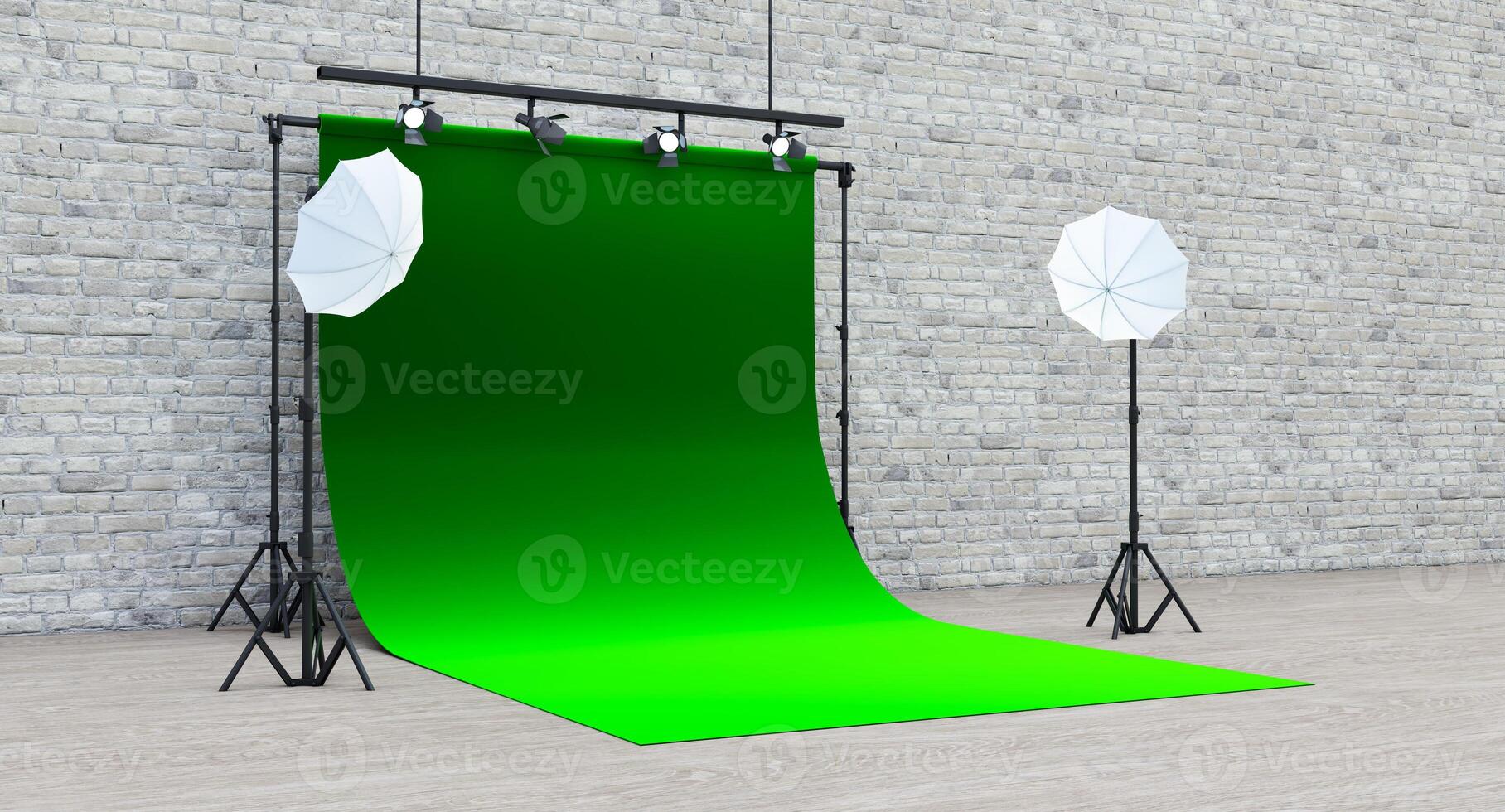 Photo studio green background with soft box light, Photo studio with modern interior and lighting equipment, 3D render