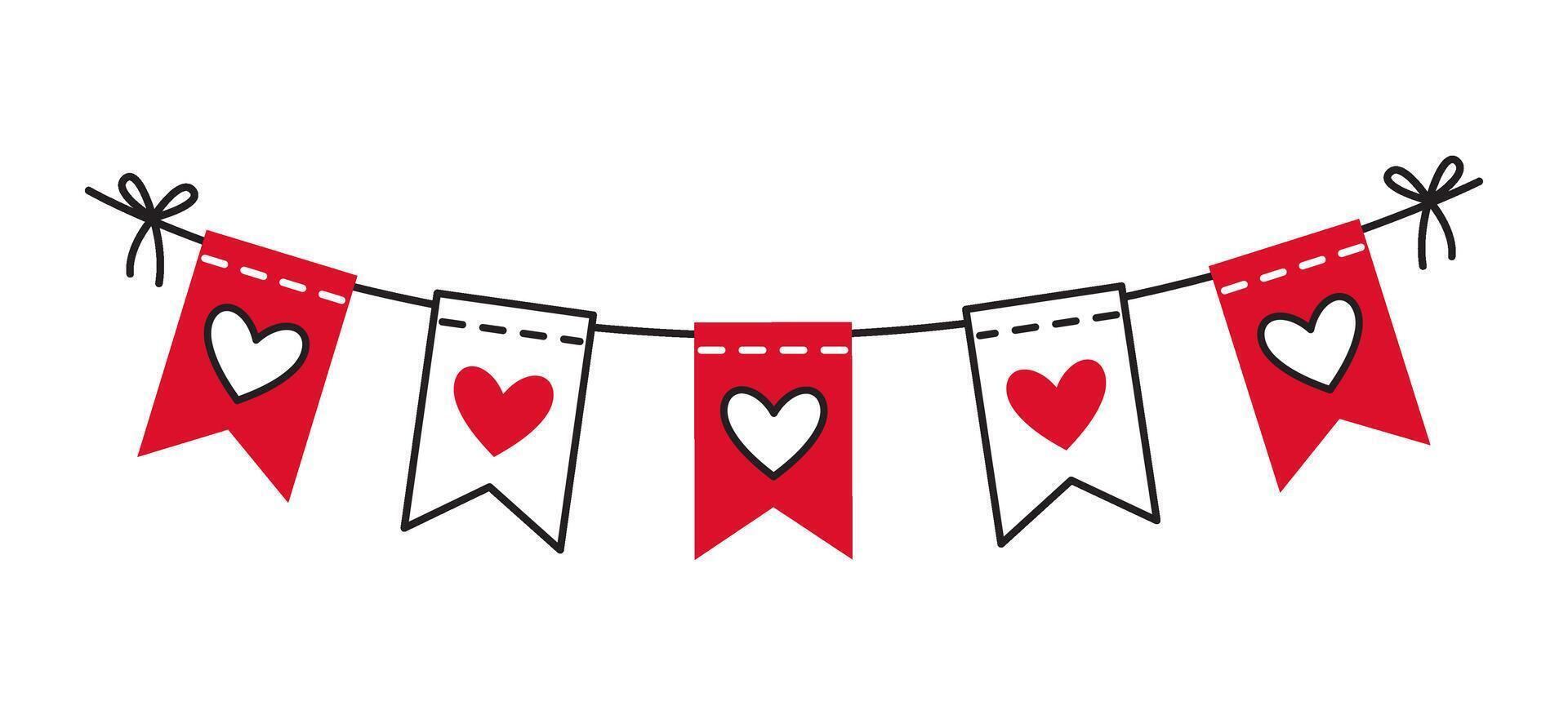 Garland of flags doodle style Hand drawn trendy flat style love isolated icon Romantic symbol of love for web graphic design poster tattoo Valentines Day Greeting card line art illustration vector