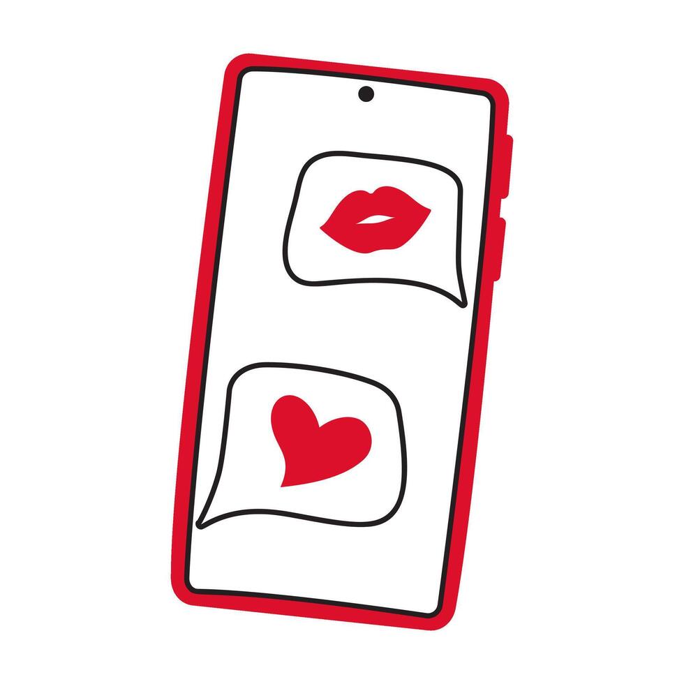 Smartphone with heart speech bubble get message on screen doodle style Hand drawn flat style love isolated Romantic symbol of love for poster tattoo Valentines Day card line art illustration vector