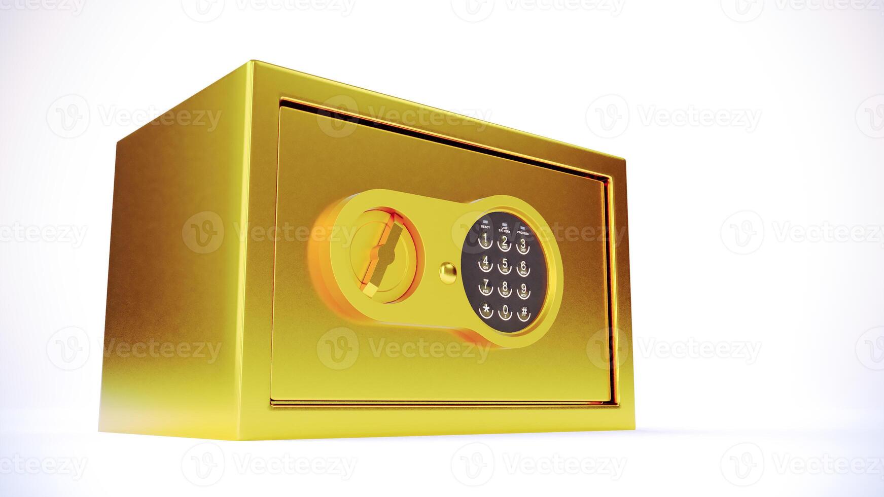 closed metallic safe box isolated on white background. gold bank safe with closed steel door photo