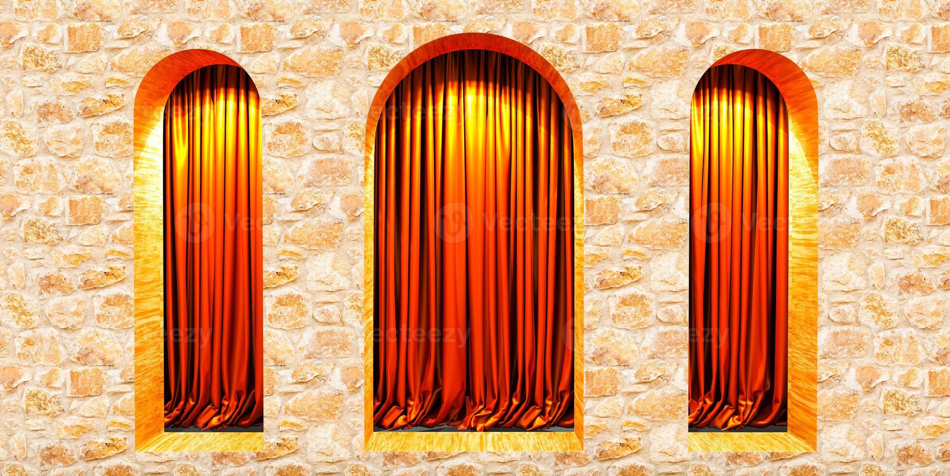arch window and curtain inside., Minimal scene for product display presentation. Stage for showcase., 3D render photo