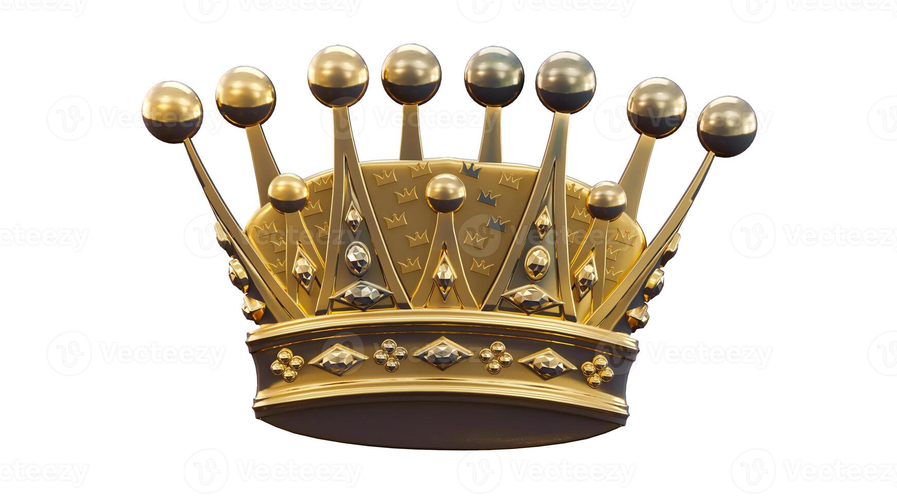 3D render of golden king crown isolated on white background photo