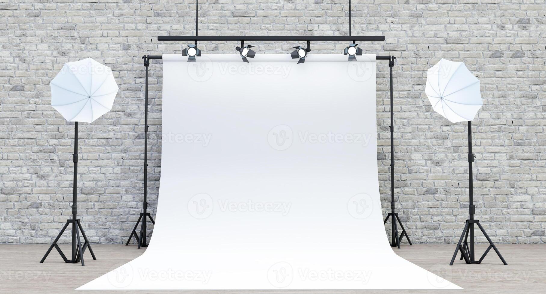 Photo studio white background with soft box light, and armchair, Photo studio with modern interior and lighting equipment, 3D render