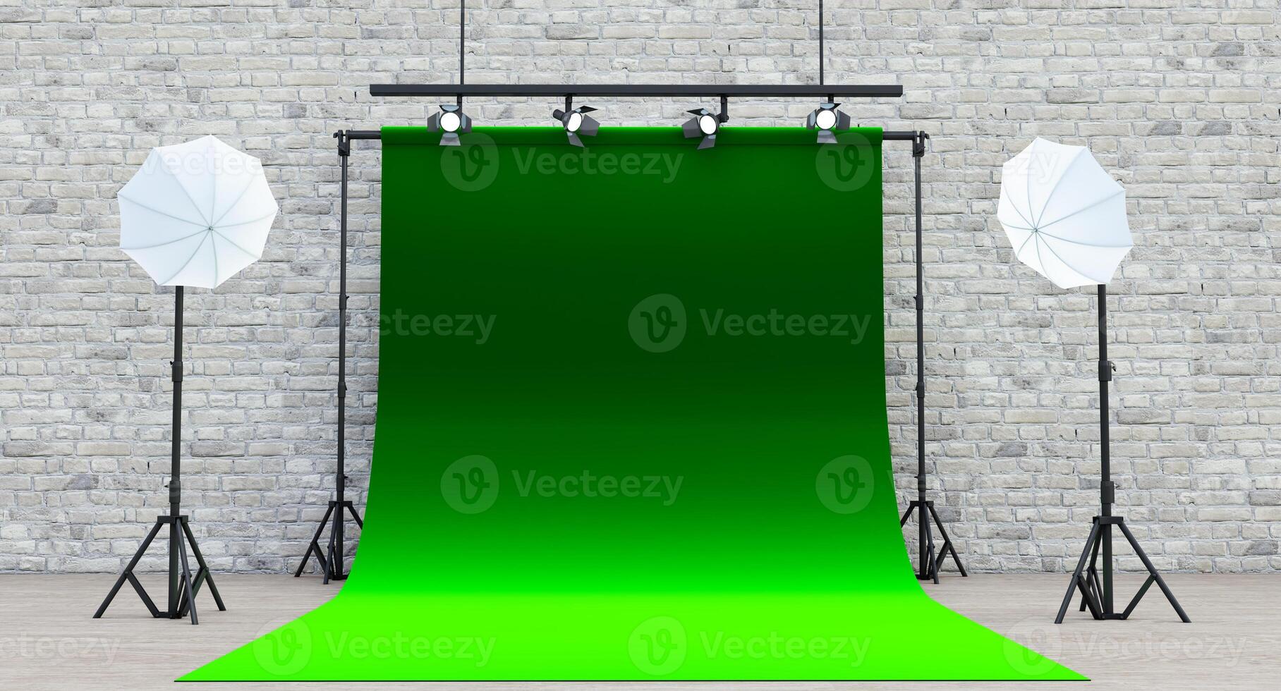Photo studio green background with soft box light, Photo studio with modern interior and lighting equipment,