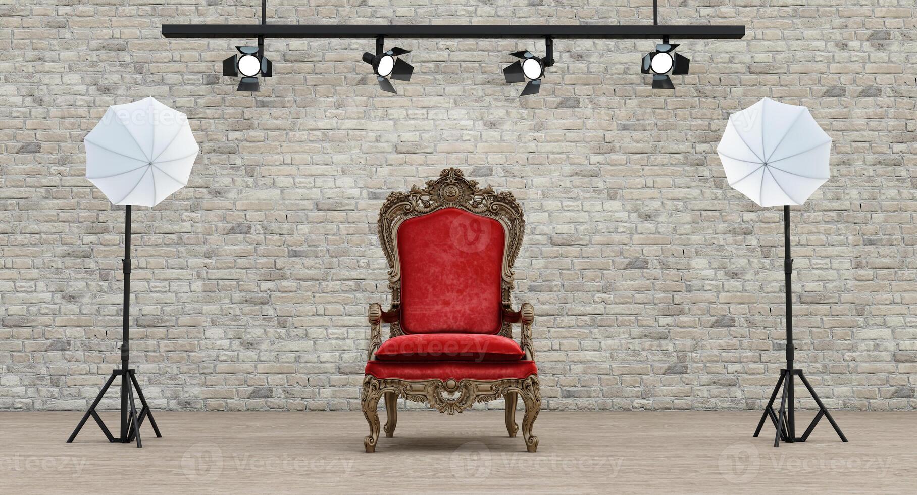 Photo studio bricks wall background with soft box light, and armchair, Photo studio with modern interior and lighting equipment, 3D render