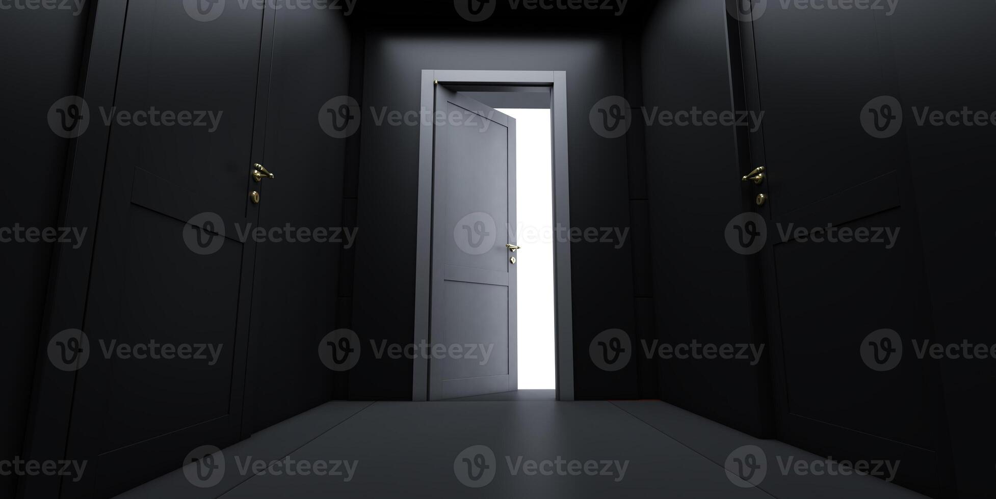 Door Opening to the brilliant Future, Light shines from door opening in dark room. 3D render photo