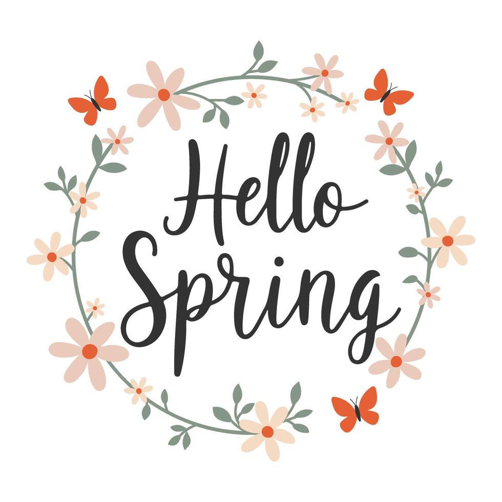 Spring floral wreath illustration with Hello Spring text, butterflies, and flowers. Fresh and decorative seasonal design for greeting cards, posters, and invitations. vector