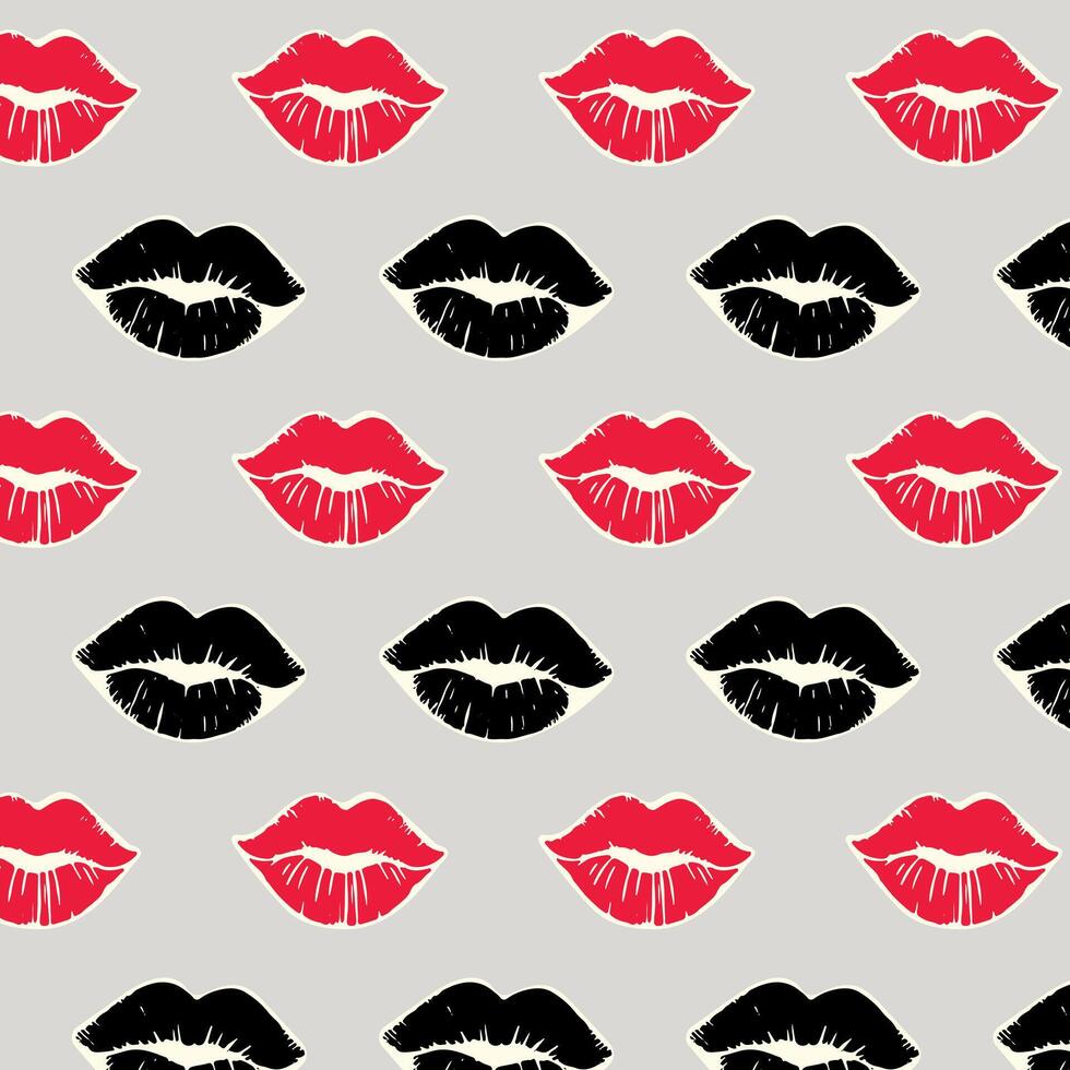 Seamless pattern with red and black lipstick kiss imprints on a neutral background. Stylish and romantic design for Valentines Day, textiles, wallpapers, wrapping paper, and fashion prints. vector