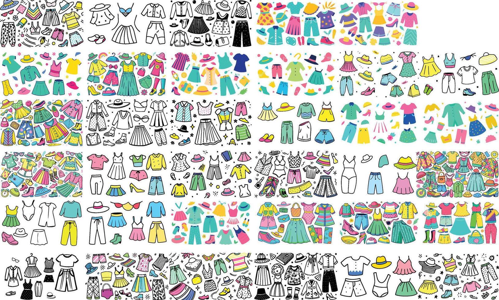 Fashion Doodle Collection Clothes, Accessories, and Outfits in Color and Black and White vector