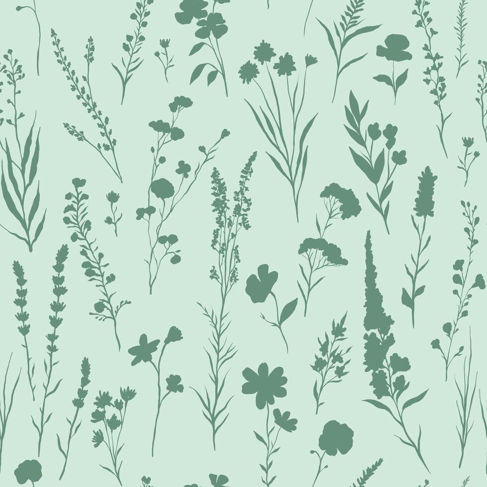 illustration of Seamless green pattern with various wildflowers and delicate plants vector