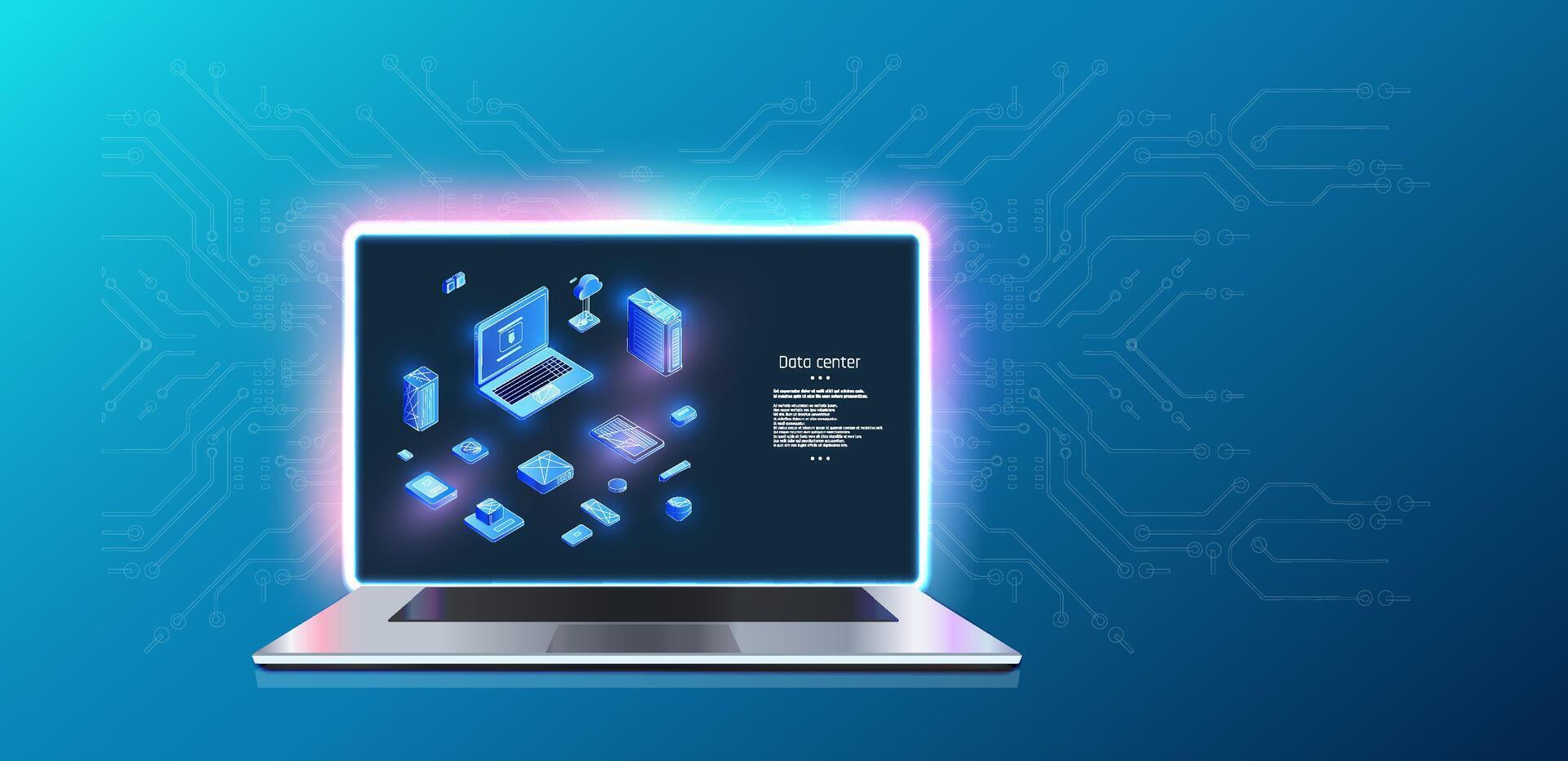 Digital representation of a laptop with floating data blocks in a futuristic blue background vector