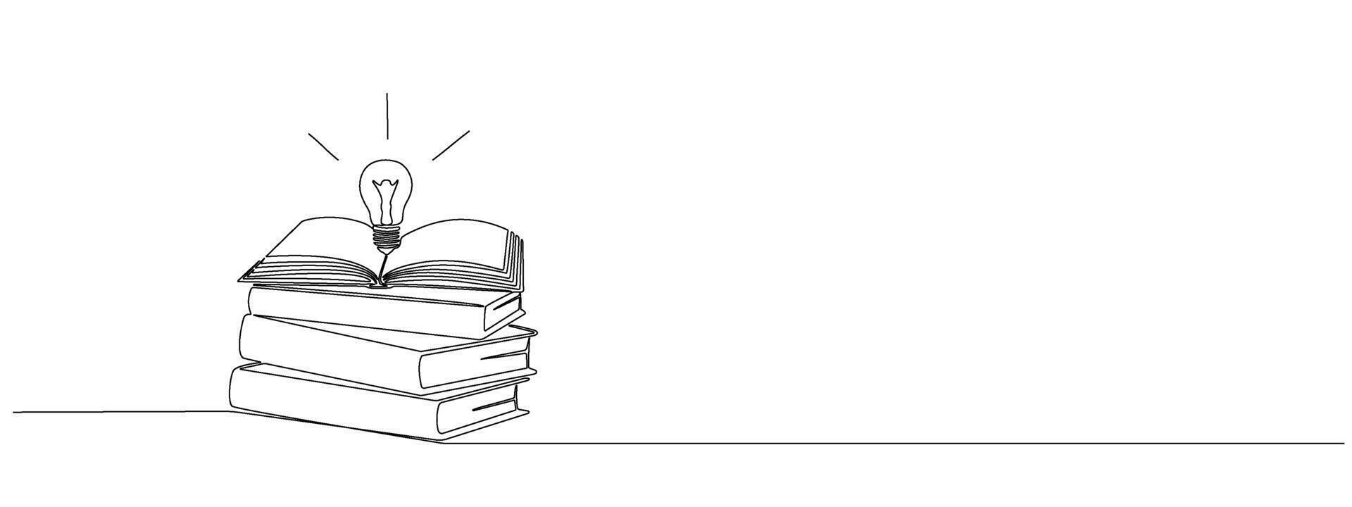Stack of books with opened book on top and light bulb in one continuous line. Symbol of library, education, literature, reading in one line style . editable illustration vector