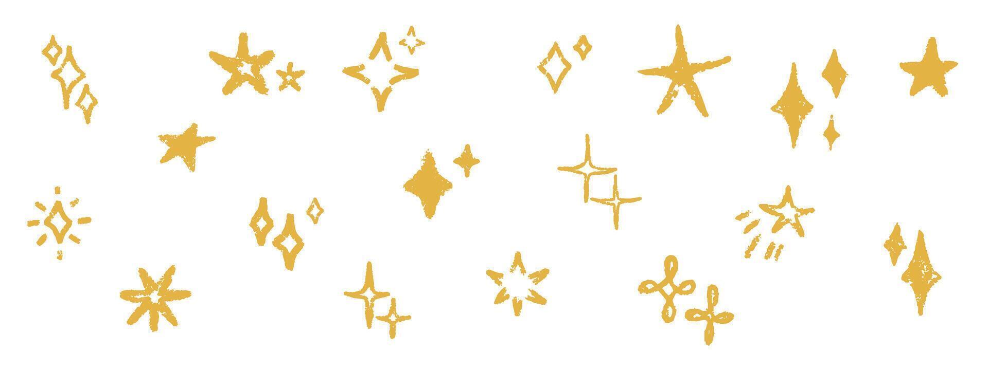 A set of grunge patterns with shiny stars. Comets and shimmering golden stars drawn in pencil with chalk brush. illustration vector