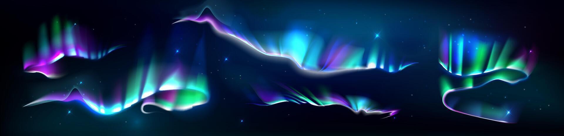 Aurora Borealis. Multi-colored decorative glowing floating shapes on a dark background. Abstract collection gradient holographik shapes. Northern lights effect set vector
