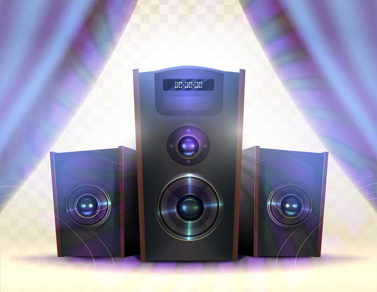Home Audio System. Realistic 3d speakers for music festival. Curtain in the background vector