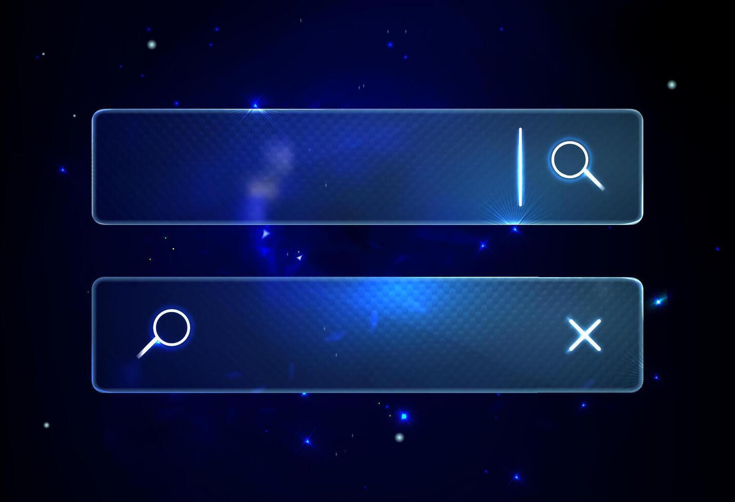 Futuristic Blur Neon Glass Search Bars. Glassmorphism screen smartphone. Transparent matt glass plates on the Cosmic Blue Nebula. Abstract blue futuristic background with black hole and stars vector