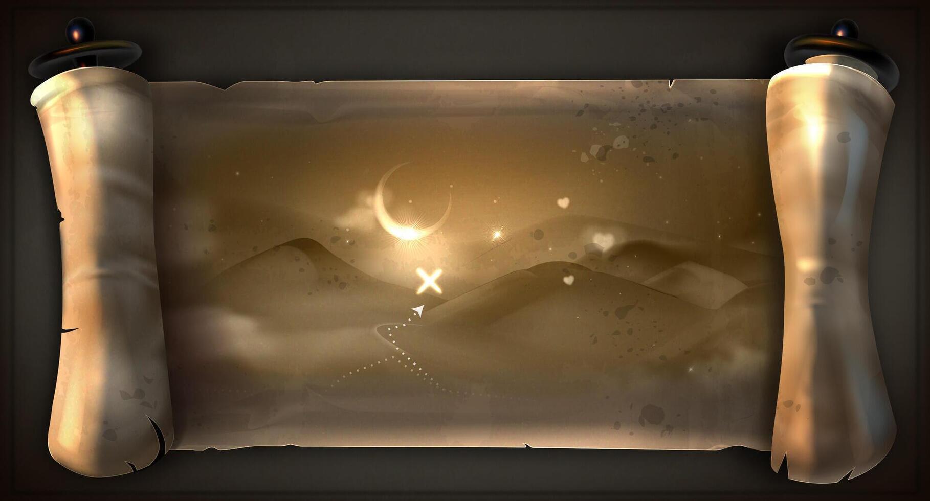 Ancient scroll of parchment paper on the dark background. The scroll is old and worn, with treasure map. The paper is brown and has a slightly rough texture. Unfolded scroll for your design vector