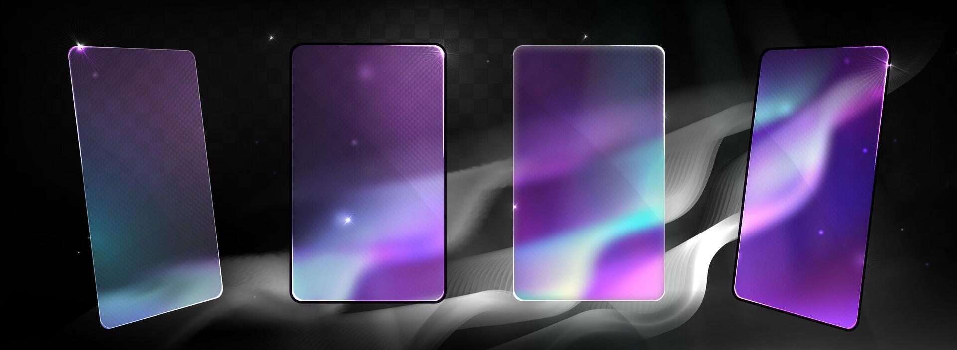 Holographic Phone Wallpapers. Glassmorphism screens smartphone. Transparent matt glass plates on the gray color northern lights in the night starry sky background. Aurora Borealis vector