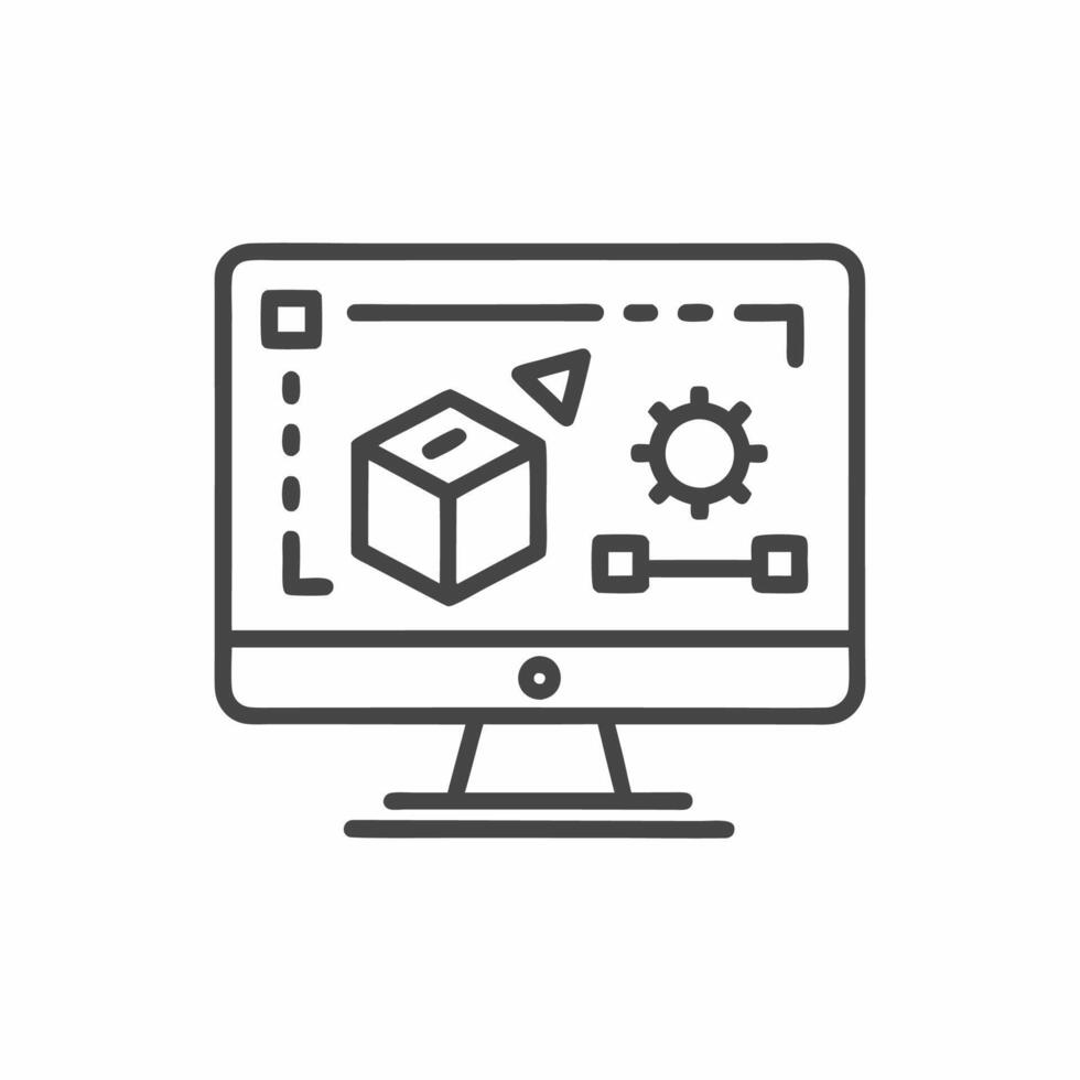 Creative illustration depicting digital design process on computer screen with 3D object and controls vector