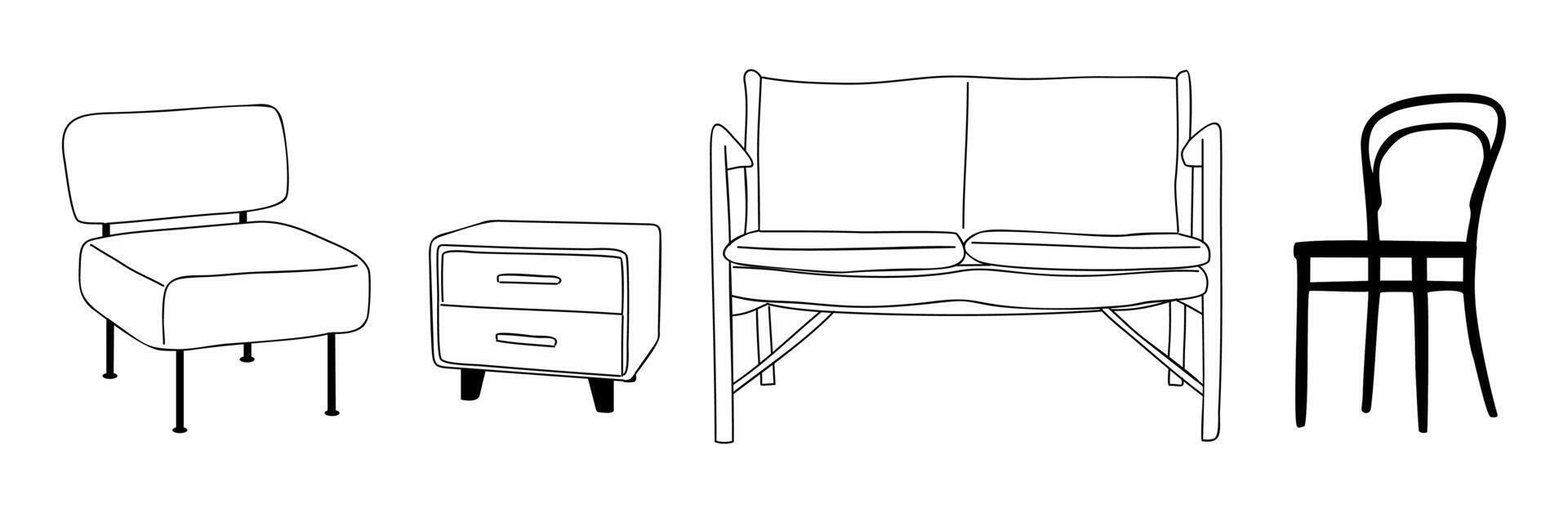 A variety of furniture pieces, including a chair, a bed, a couch, and a nightstand. Mid century modern retro interior design elements. vector