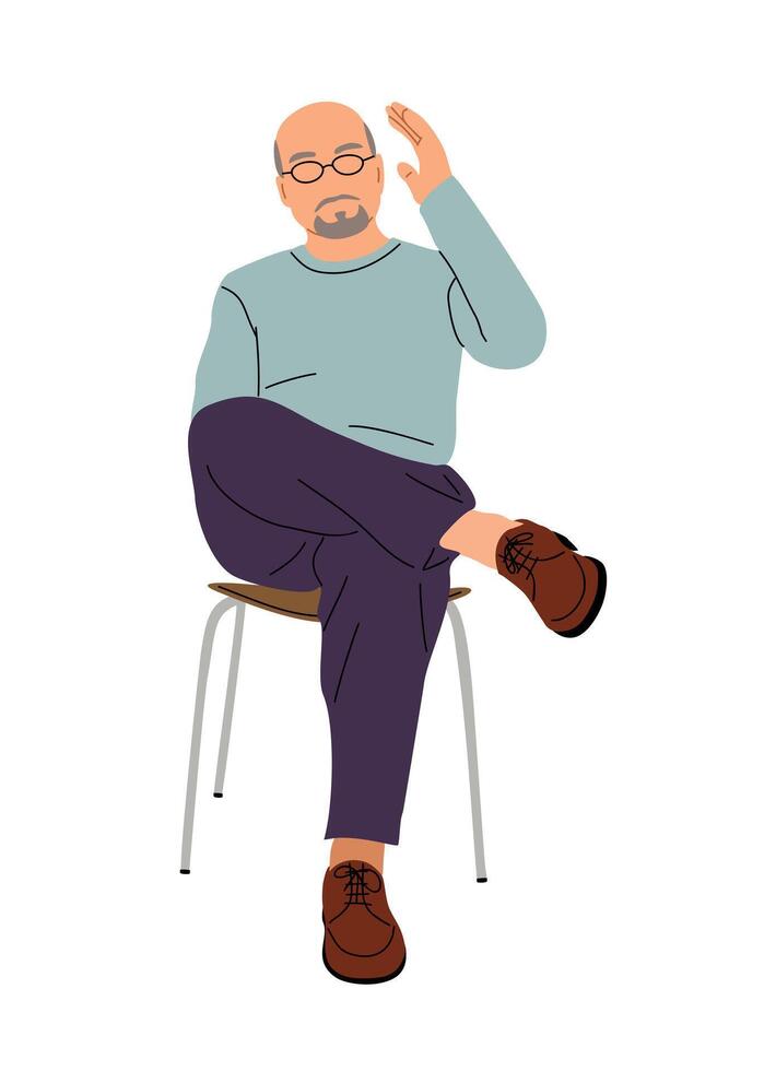 Senior asian man in glasses sitting on a chair with his arm raised up vector