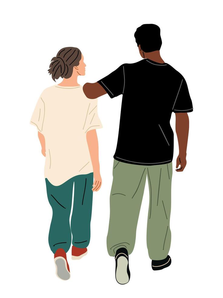 Young interracial couple, man and woman walking rear view in casual street fashion clothes, oversize pants and t-shirts. Black and white t shirt mockup vector