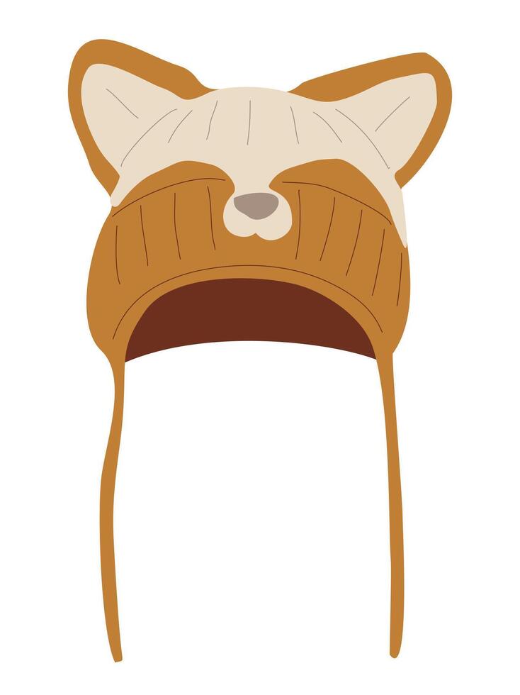 Knitted cartoon cat hat with a brown and white design. The hat is cute and playful vector